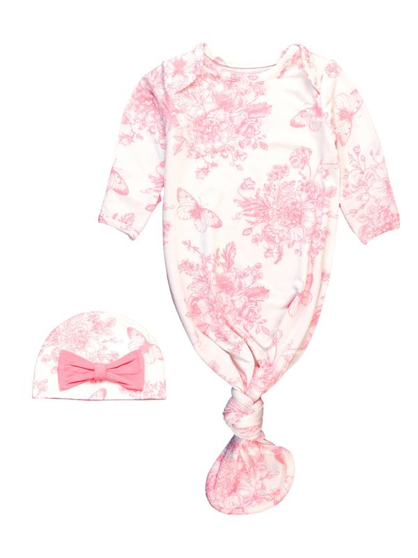 RuffleButts + RuggedButts - SoftSnooze™ Baby Girls Bamboo Viscose Pink Butterfly Garden Toile Ruffle Knotted Sleep Gown &amp; Bow Hat Set