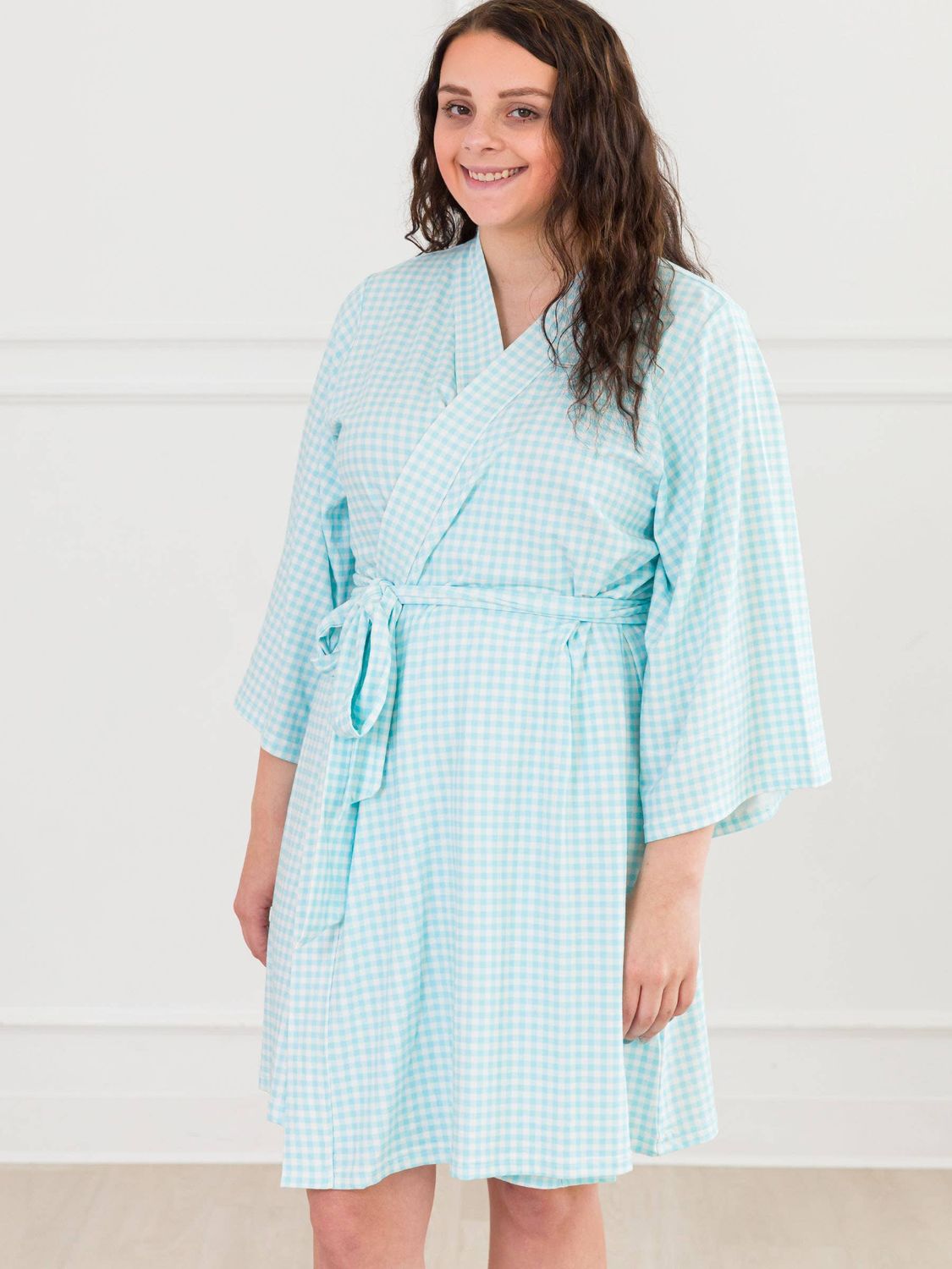 RuffleButts + RuggedButts - SoftSnooze™ Women's Cotton Modal Blue Breeze Gingham Mommy &amp; Me Maternity Robe