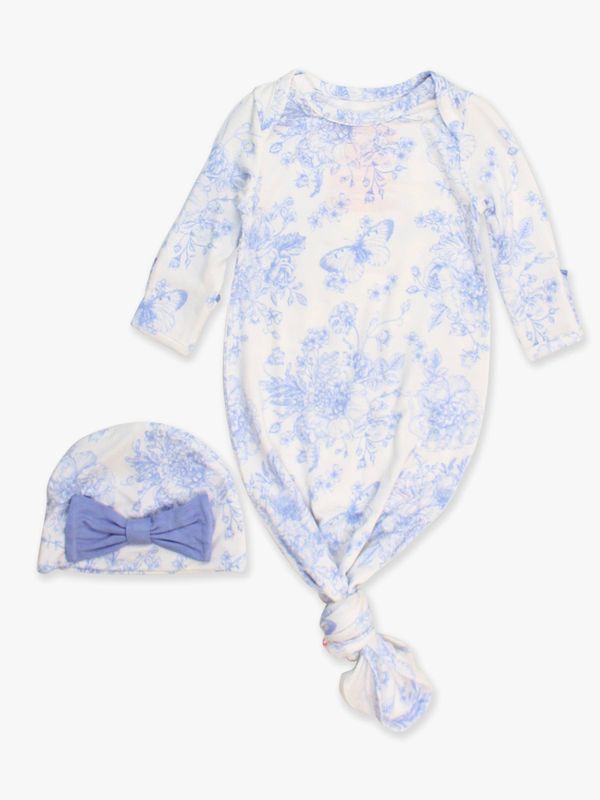 RuffleButts + RuggedButts - SoftSnooze™ Baby Girls Bamboo Viscose Periwinkle Butterfly Garden Ruffle Knotted Sleep Gown &amp; Bow Hat Set