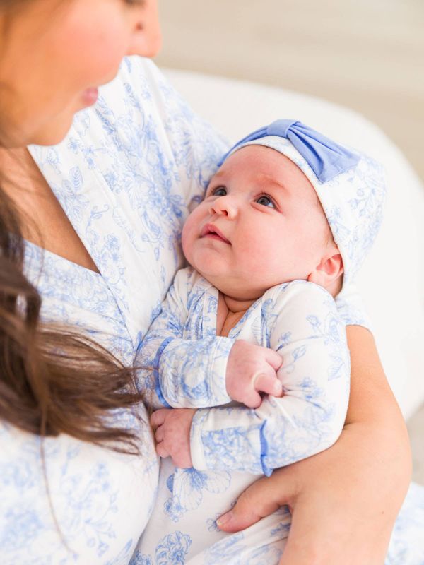 RuffleButts + RuggedButts - SoftSnooze™ Baby Girls Bamboo Viscose Periwinkle Butterfly Garden Ruffle Knotted Sleep Gown &amp; Bow Hat Set