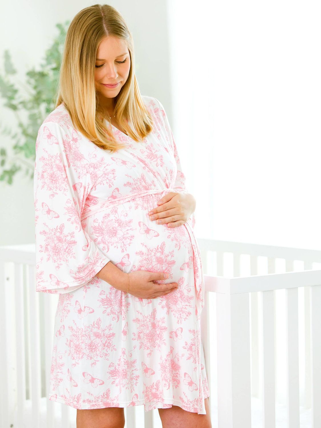 RuffleButts + RuggedButts - SoftSnooze™ Women's Bamboo Viscose Pink Butterfly Garden Toile Mommy &amp; Me Maternity Robe, Color: White, Size: One Size