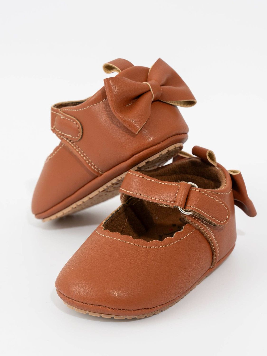 Marie Nicole Clothing - Scalloped Heel Bows Mary Jane Baby Shoes Brown