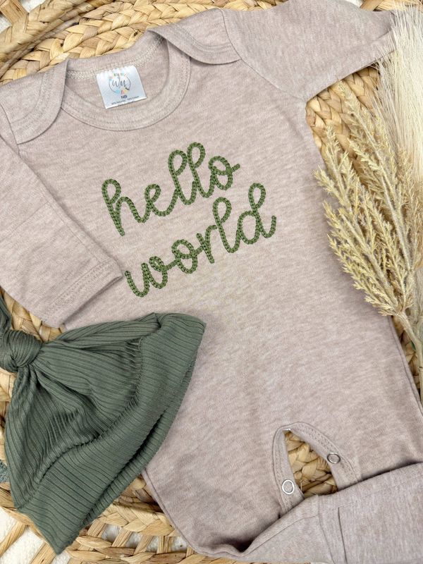 Hello world newborn baby outfit | mocha and olive boy outfit