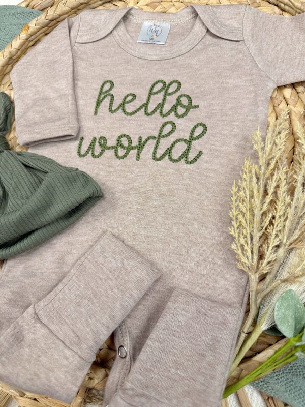 Hello world newborn baby outfit | mocha and olive boy outfit