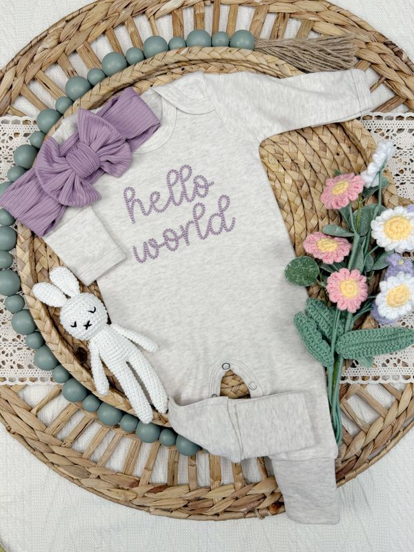 Hello world baby footie | baby girl newborn outfit | purple