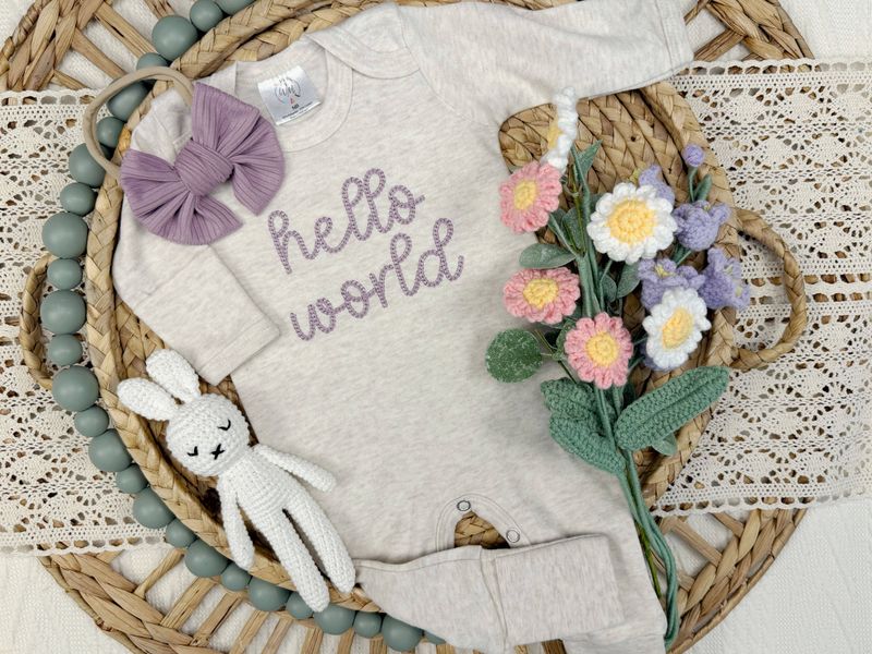 Hello world baby footie | baby girl newborn outfit | purple