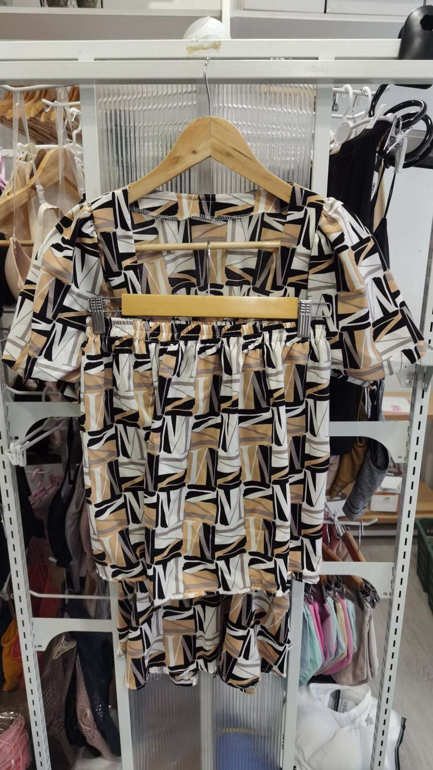 VN flower brown black two piece set women clothes - top + pants  22214