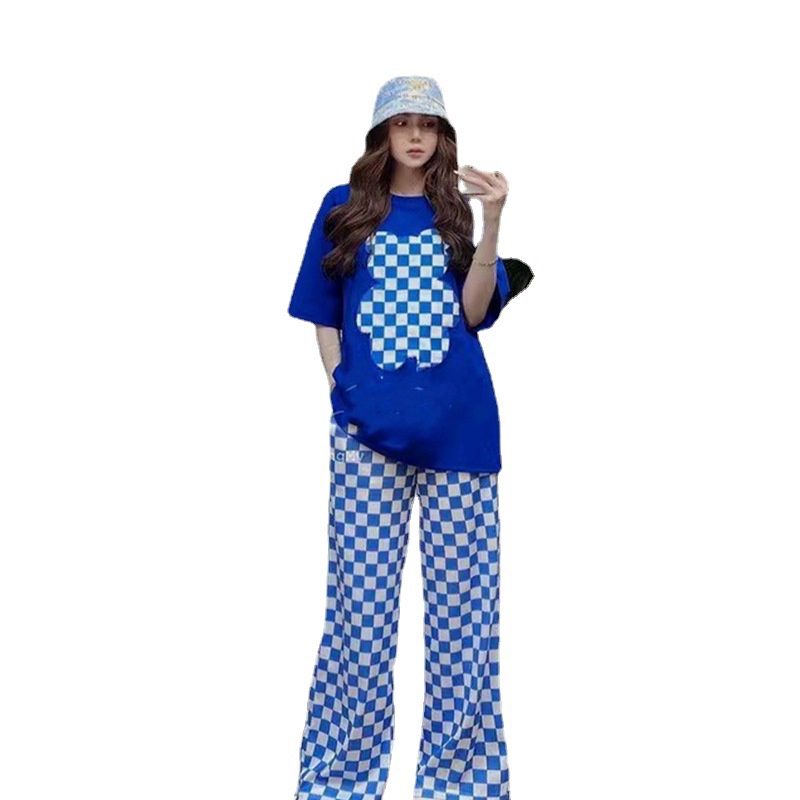 YM embroidery bear plaid Long wide-leg pants Set Wears : Blue 84553