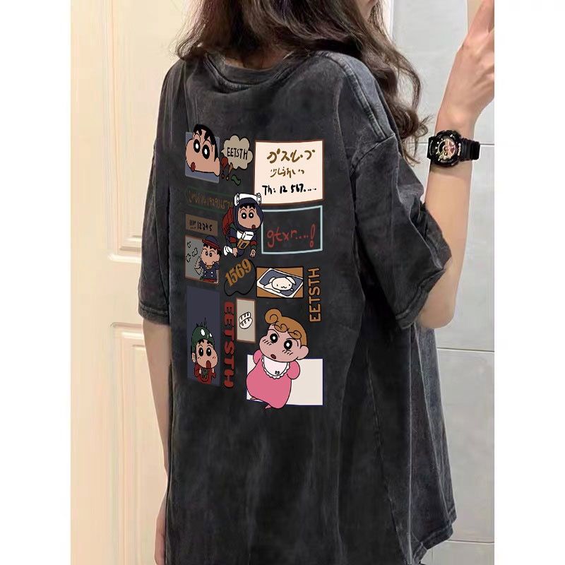 Qiuqi crayon shin-chan front and rear print T-shirt grey 56940