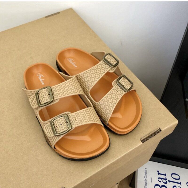 Shinaibo Square Buckle Flip Flops: 36 23925 Khaki