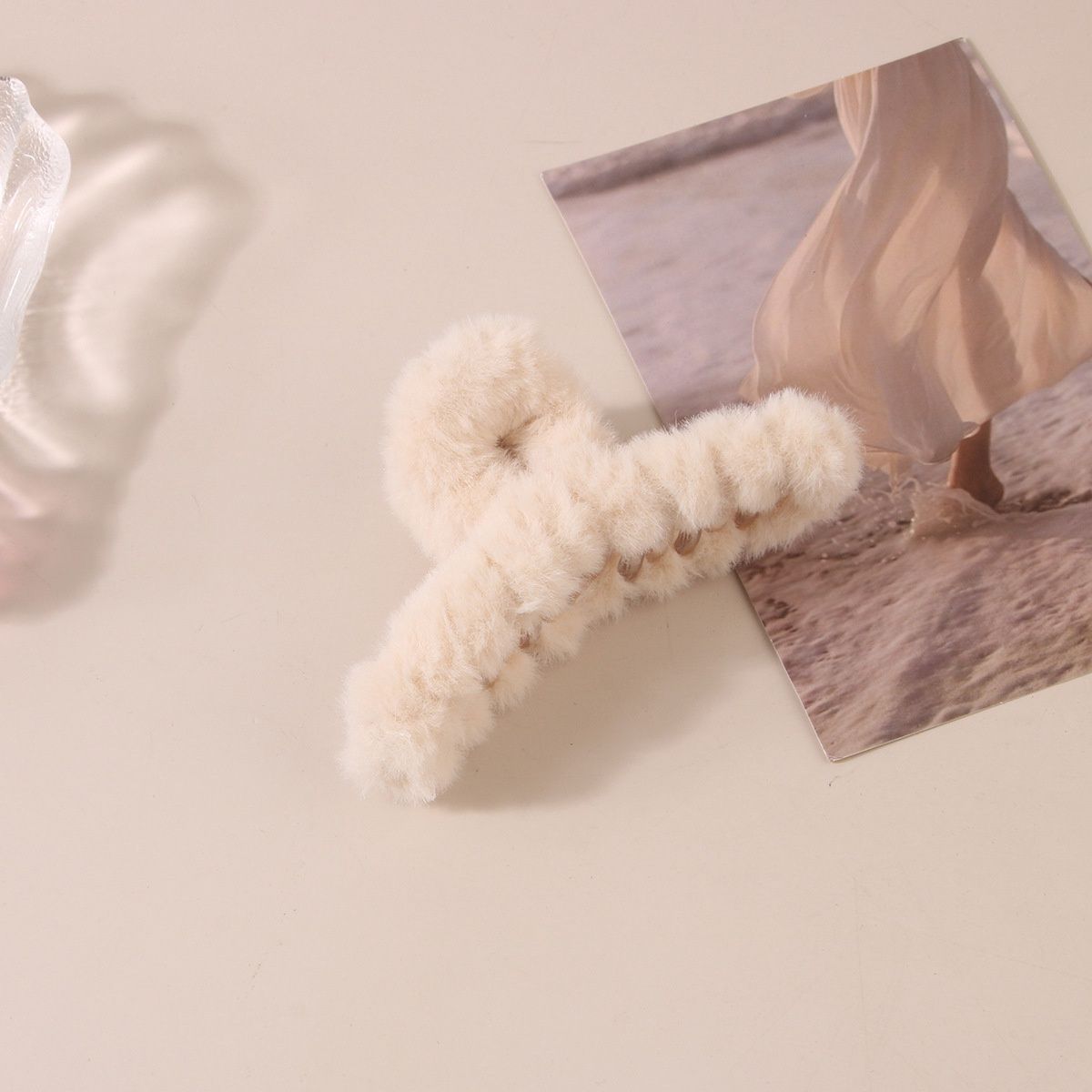 ZF Plush-grab clip 12cm ribbon milk white 50027