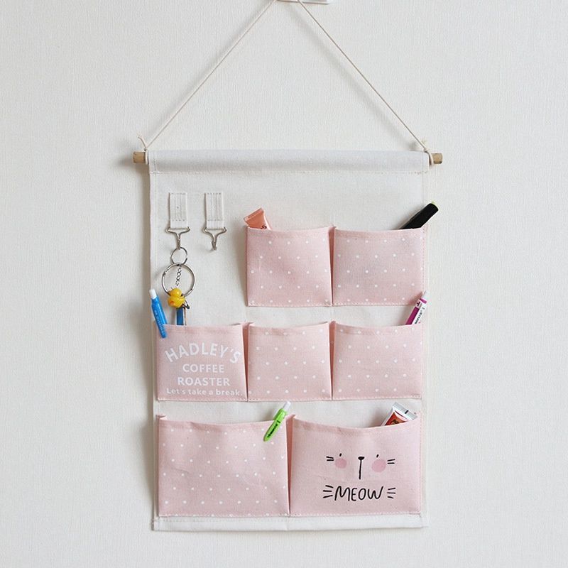 Canvas 7 Grid Hanging Storage Bag - Pink 00375
