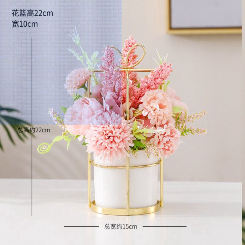 Heyetang Nordic Ceramic Potted Plant: 粉色爱丽丝+白色蝴蝶结金架花篮 Hk7727 77051