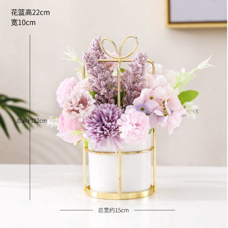 Heyetang Nordic Ceramic Potted Plant: 深紫色爱丽丝+白色金架花篮 Hk7727 77055