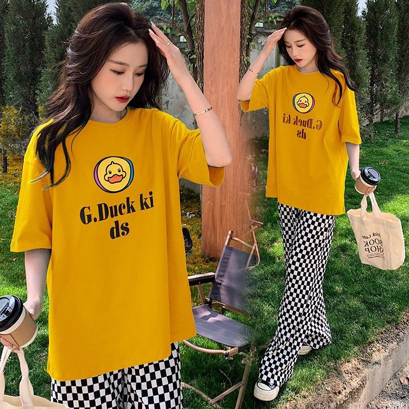 Ailisha women's summer short sleeve trousers pajamas: Lake Green Duck Checkerboard Pants S:2xl 63503