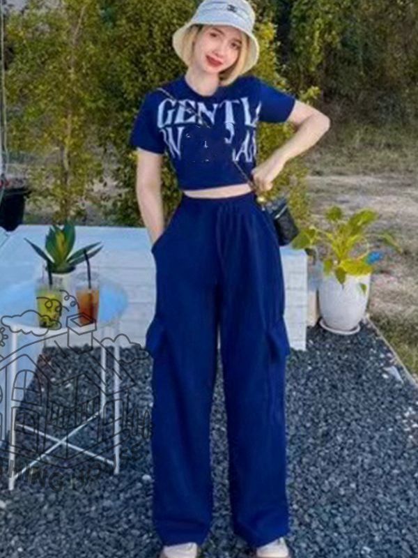 Yameng    Letter printed short T-shirt wide-leg pants set wear blue 00859