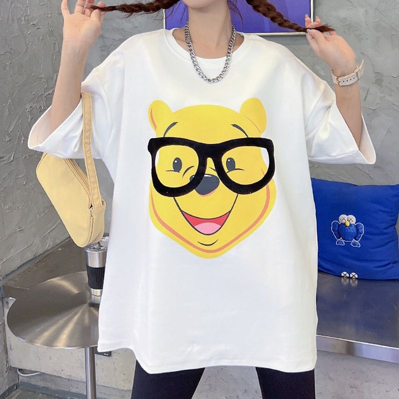 Qiuqi 738T# Glasses bear cartoon short-sleeved top: White 90066