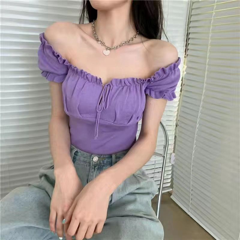 HJT 2769 One-shoulder top drawstring outer wear top blouses: purple 26782