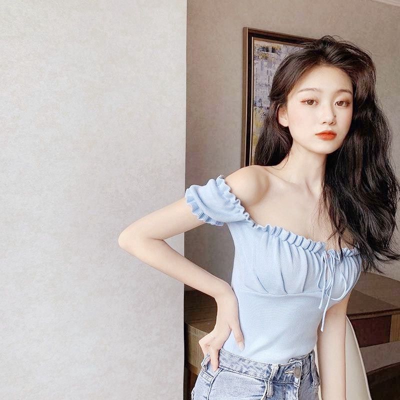 HJT 2769 One-shoulder top drawstring outer wear top blouses: light blue 95823