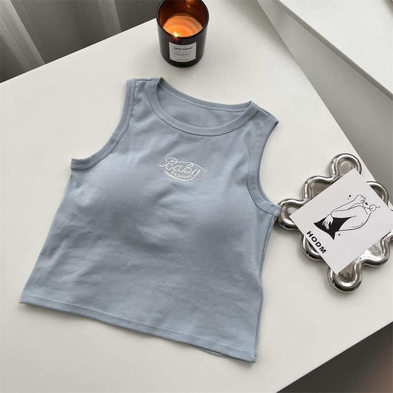 TS 789 Pure cotton embroidered letter broad shoulder vest chest pad top: light blue 52564