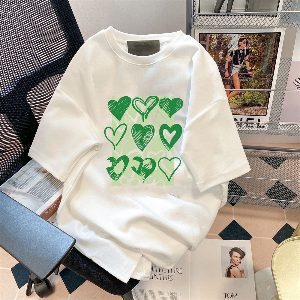YW Loose T-shirt: white green hand-painted heart: 5XL 72014