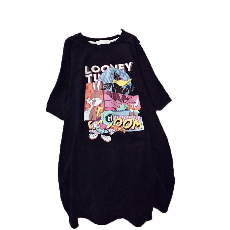 JDL Cartoon print PLUS "LOONEY TU"  mid-length loose short-sleeved WJ10 T-shirt skirt : BLACK : XXXL 81544