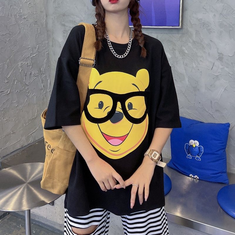 Qiuqi 738T# Glasses bear cartoon short-sleeved top: Black 90064