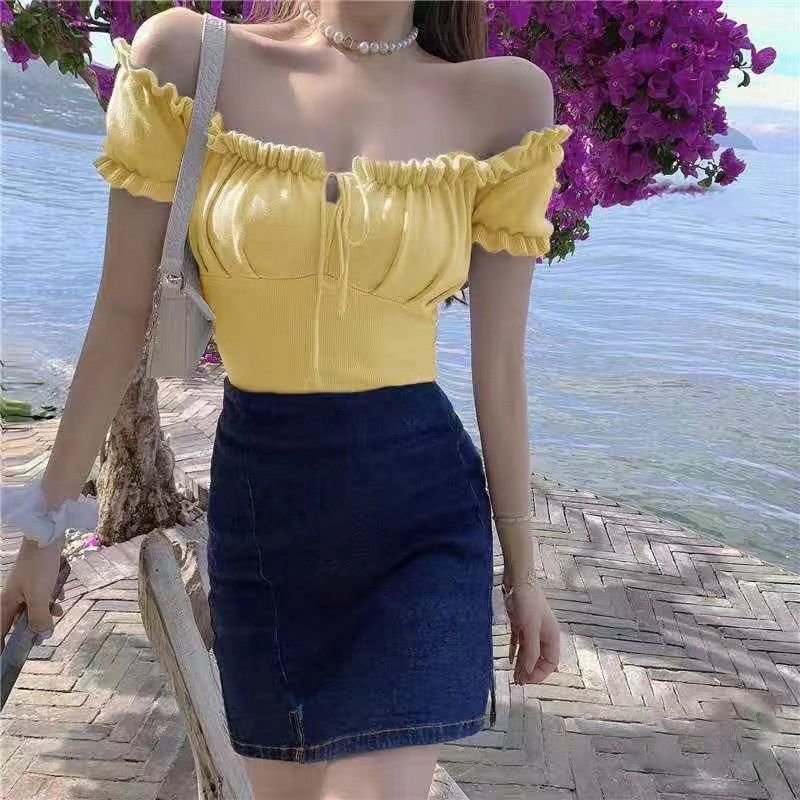 HJT 2769 One-shoulder top drawstring outer wear top blouses: yellow 26781