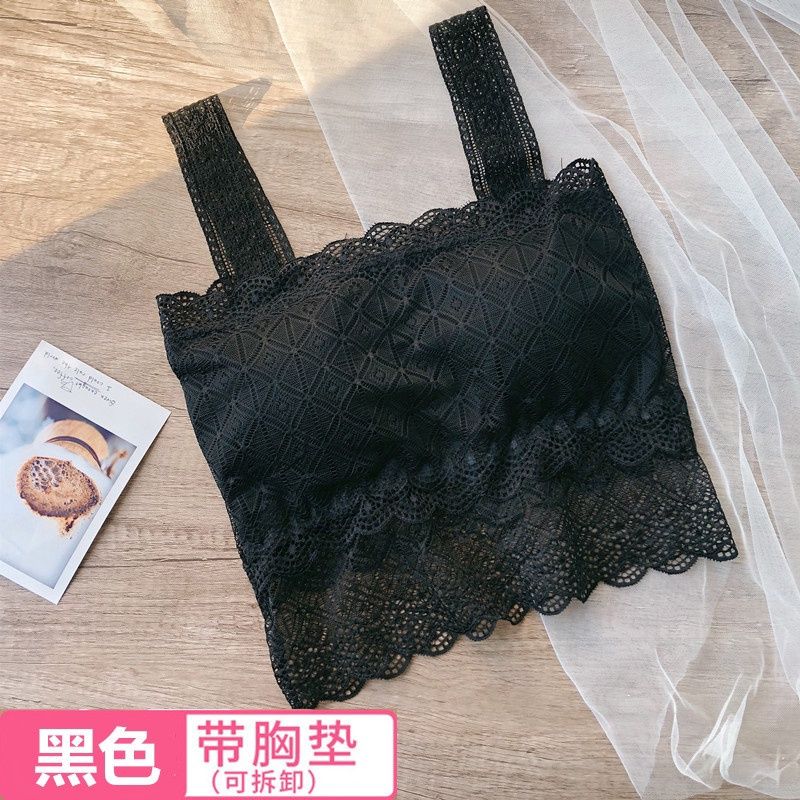 Laibei Rhombus Lace Wrapped Chest Short Tube Top: black w bra 94783