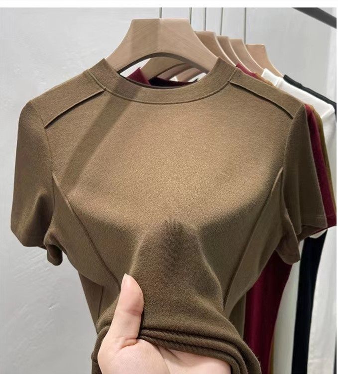 LUXI fish bone Ribbed modal crew neck herringbone short sleeves coffee xl 82263