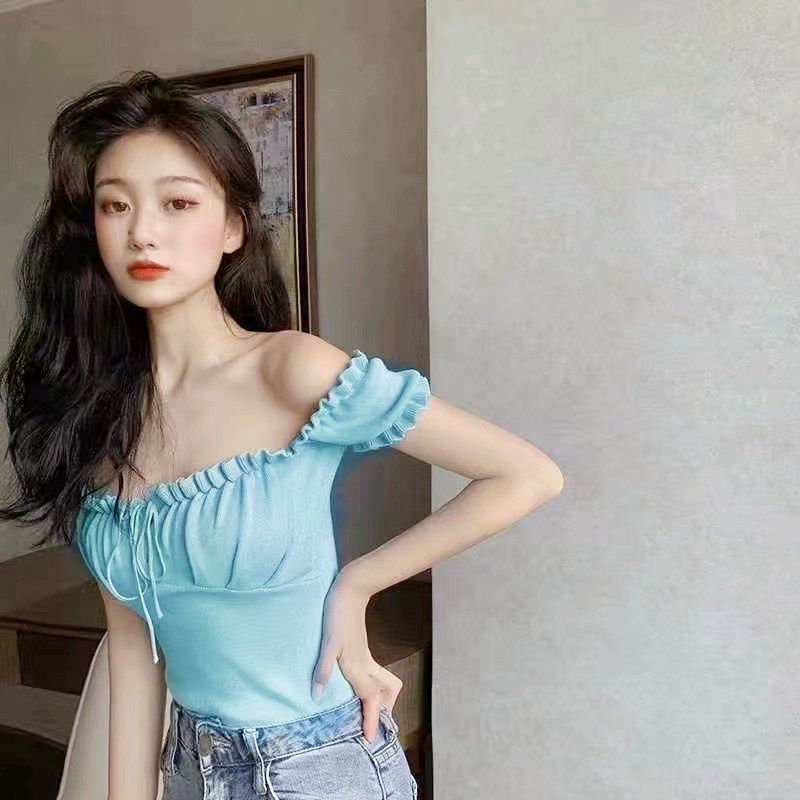 HJT 2769 One-shoulder top drawstring outer wear top blouses: Blue green 95824