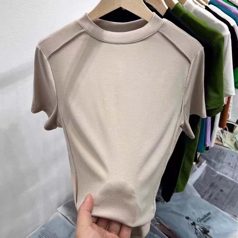 YAXUE fish bone Ribbed modal crew neck herringbone short sleeves milk tea xl 82266