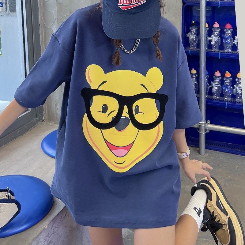 Qiuqi 738T# Glasses bear cartoon short-sleeved top: Blue 90065