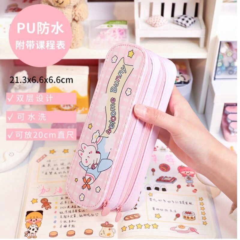 Shengyin Pencil Case 简约大容量帆布双层笔袋 少女小学生可爱文具铅 笔盒奖品奖励礼物 规格: 双层笔盒-粉色飞机兔