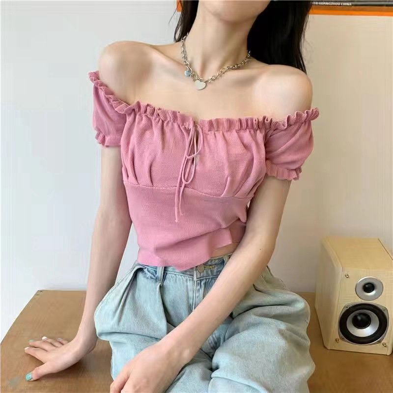 HJT 2769 One-shoulder top drawstring outer wear top blouses: Pink 26780