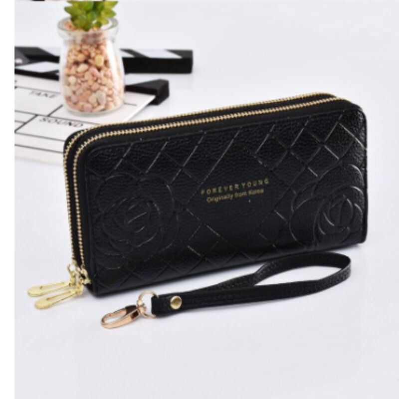 FanJu 钱Wallet Female Long Section 2021 New Spot Wholesale Simple Wrist Strap Clutch Bag Double Zipper Large Capacity Mobile Phone Bag: 黑色 Fc181207 11689
