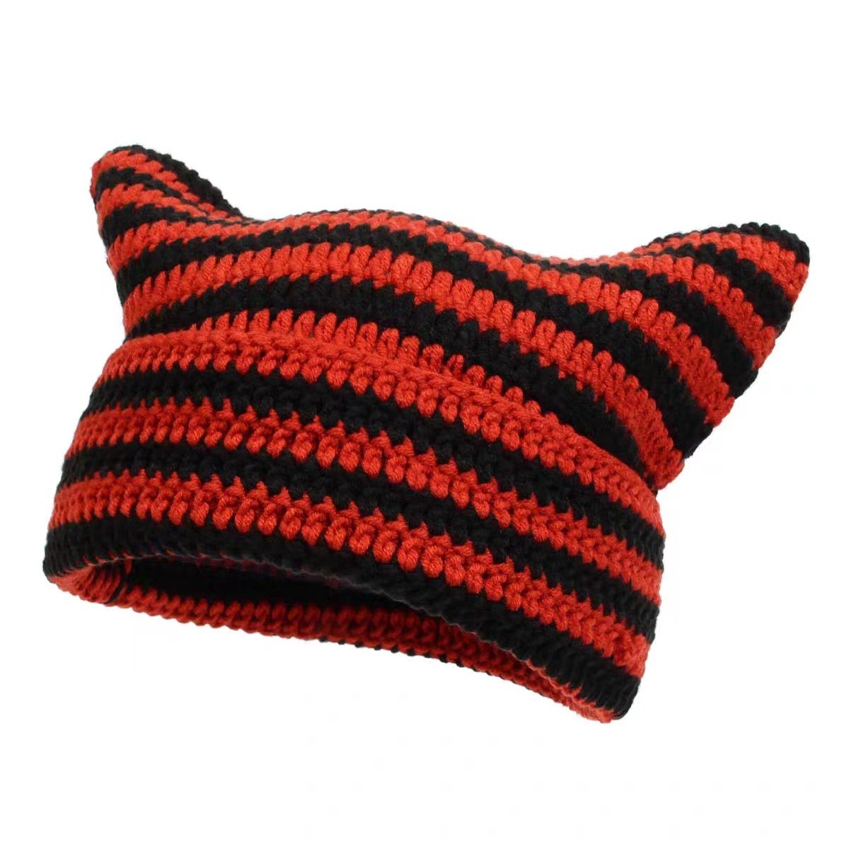 Striped devil wool ball knitted hat: without wool ball [red and black] 50945