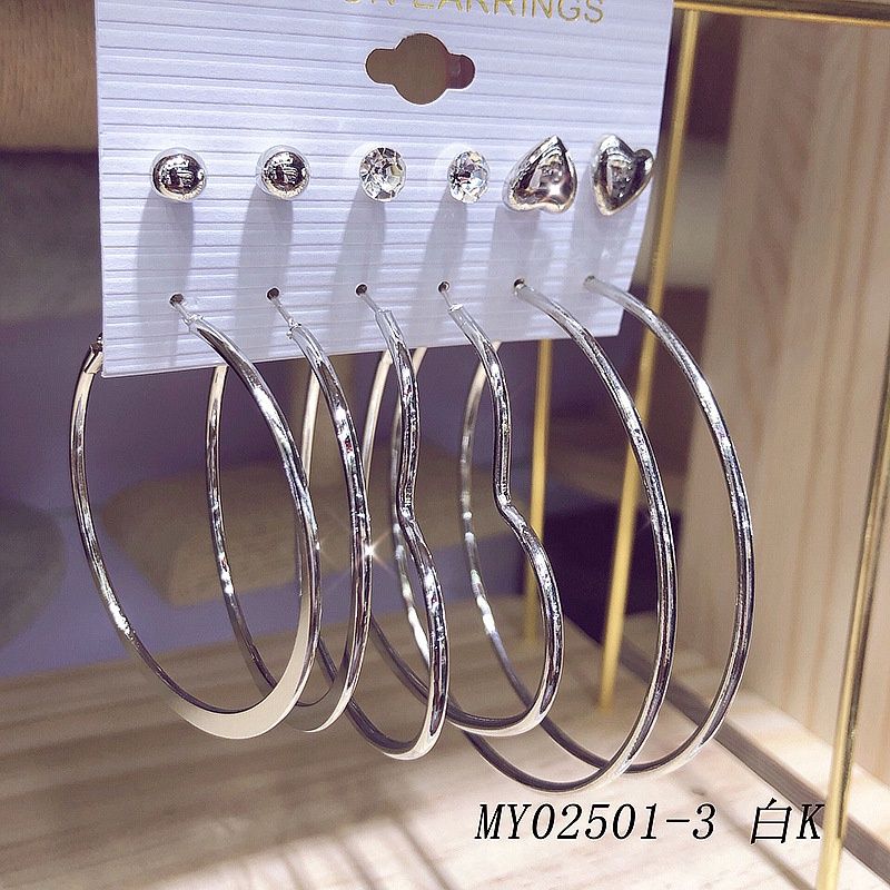 European Exaggerated Jewelry 6 Pairs Of C-Shaped Big Earrings And Earrings Set: My02501-3白K色