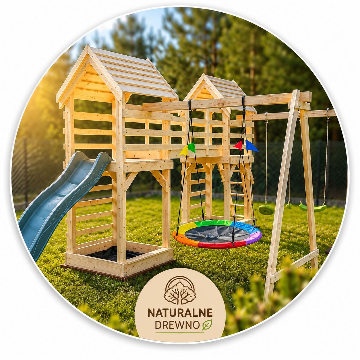 Drewniany PLAC ZABAW "POLA" - 2 Wieże / Domki
