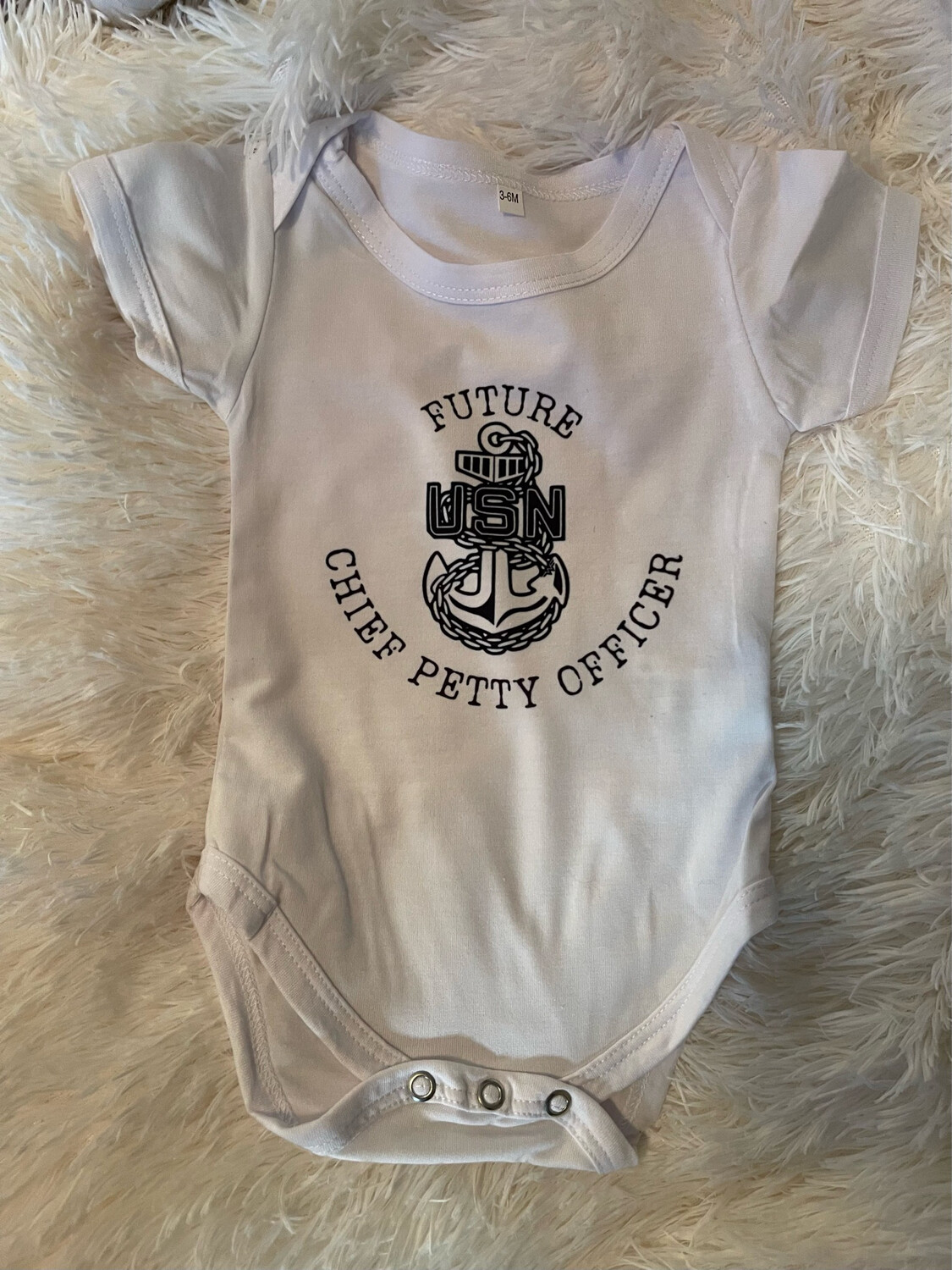 Future Chief Petty Officer Onesie, Toddler and/or Youth T- Shirt 
Onesie/Shirt Color: White and Design Print: Black **Please allow 5 weekdays to ship, once order placed.
***Shipping included