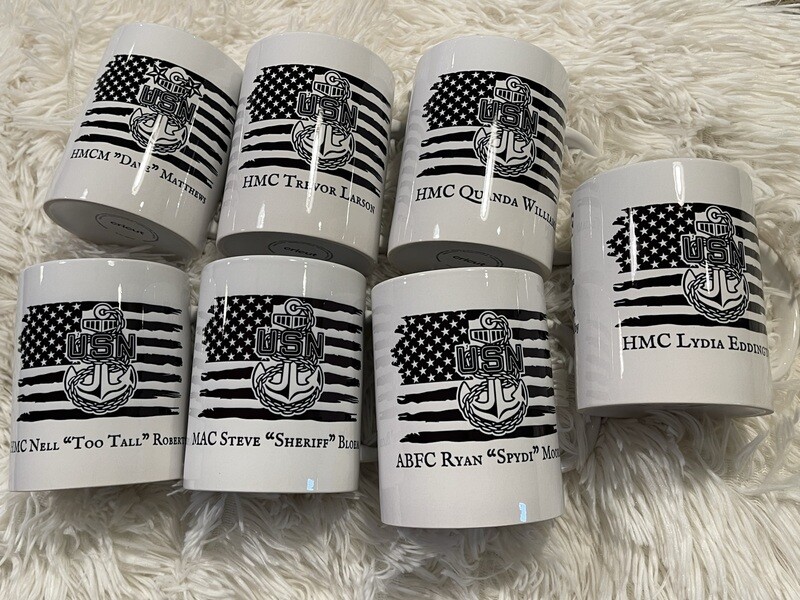 11 or 15oz ceramic mug; on the front “Navy Chief” Definition and on the back, flag with appropriate anchor and custom name….👉🏼(takes 5-6 days to make.)