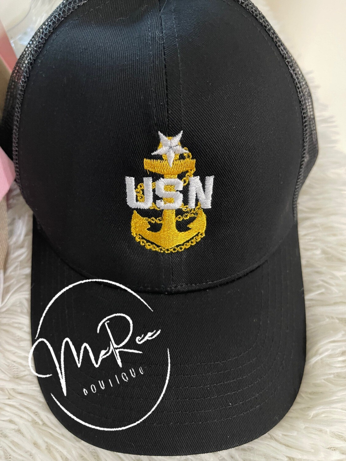 Black Embroidered ❤️Ponytail Hat Mesh Cap 🧢. Please allow 4-6 business days to ship once the order is placed. (USN and Stars, if applicable, are embroidered in white.)