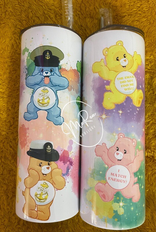 I don't Care Teddy or Chief Cover Teddy, 20oz stainless steel tumbler, with straw.