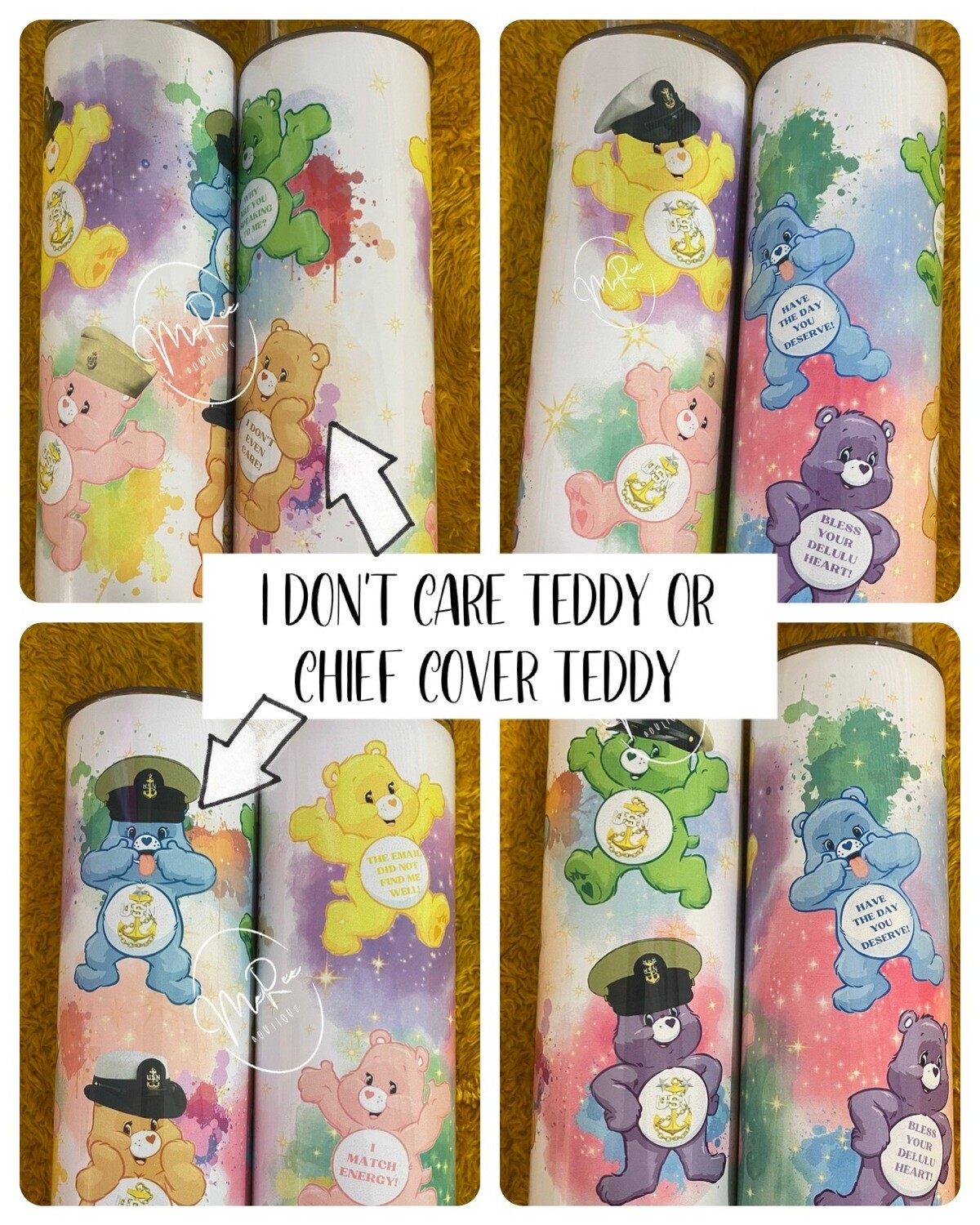 I don&#39;t Care Teddy or Chief Cover Teddy, 20oz stainless steel tumbler, with straw.