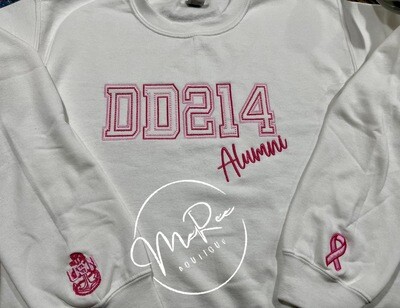Embroidered WHITE Crew Neck DD214 Sweatshirt (Dark and Light Pink thread used) ❤️Please Allow 5-7 Business Days To Ship Once Ordered. **Please know that RANK and RIBBON cannot fit on the same sleeve**