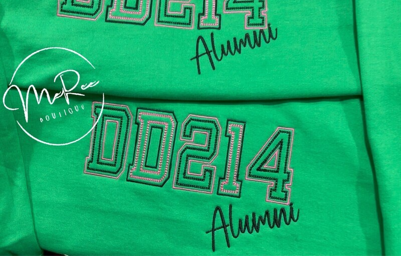 Embroidered GREEN Crew Neck DD214 Sweatshirt (Black and Pink thread used) ❤️Please Allow 5-7 Business Days To Ship Once Ordered.