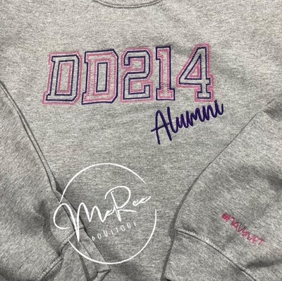 Embroidered Crew Neck DD214 Sweatshirt or Hoodie (Purple and Pink thread used) ❤️Please Allow 5-7 Business Days To Ship Once Ordered.