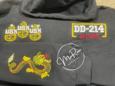 &quot;DD 214&quot; letters in white, with alumni in red (black for red Hoodie/Sweatshirt) and yellow border Sweatshirt or Hoodie (should ship 5-6 business days after ordered.)