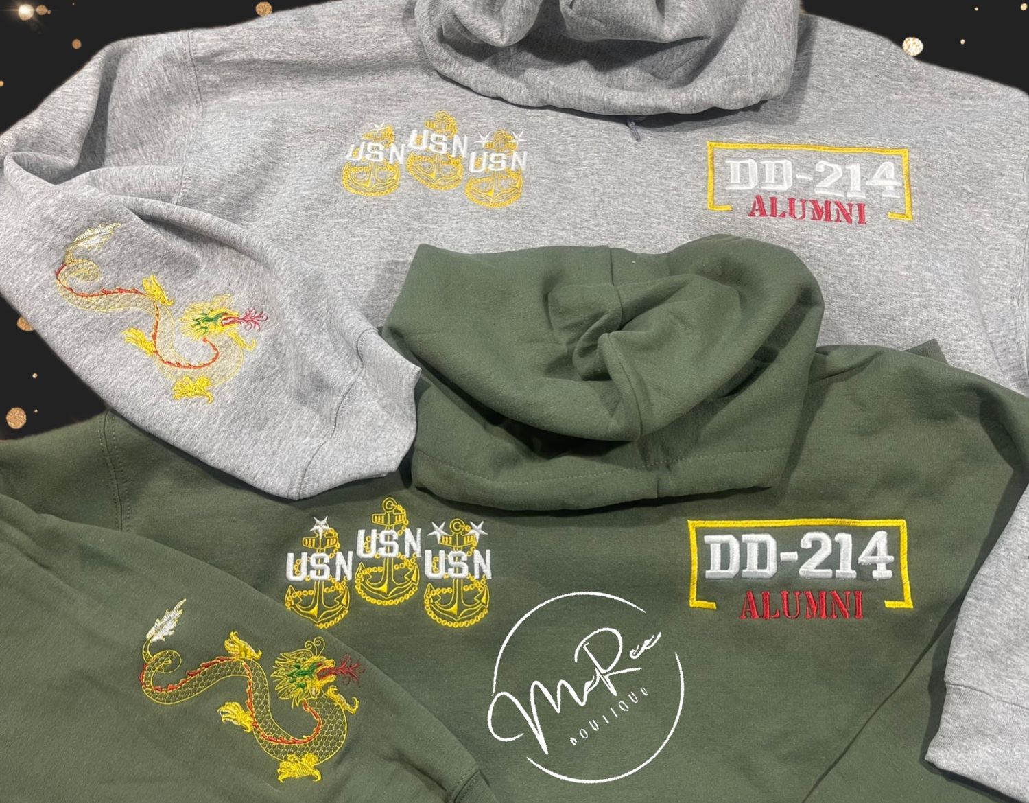 &quot;DD 214&quot; letters in white, with alumni in red (black for red Hoodie/Sweatshirt) and yellow border Sweatshirt or Hoodie (should ship 5-6 business days after ordered.)