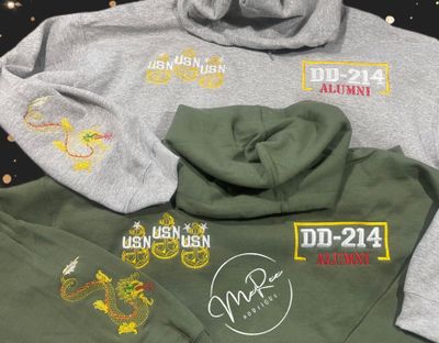 &quot;DD 214&quot; letters in white, with alumni in red (black for red Hoodie/Sweatshirt) and yellow border Sweatshirt or Hoodie (should ship 5-6 business days after ordered.)